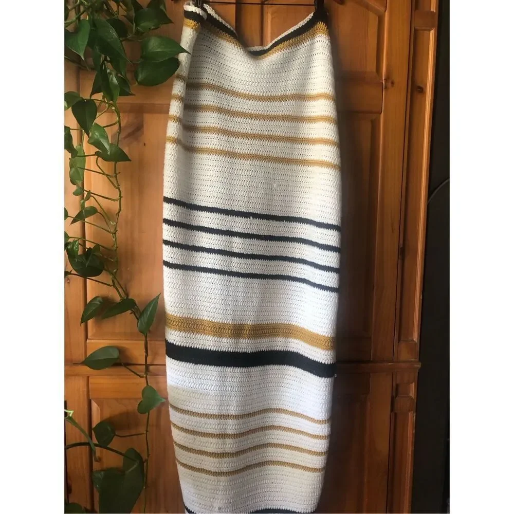 Handmade Crochet Throw Blanket White Navy Mustard Striped 34x58